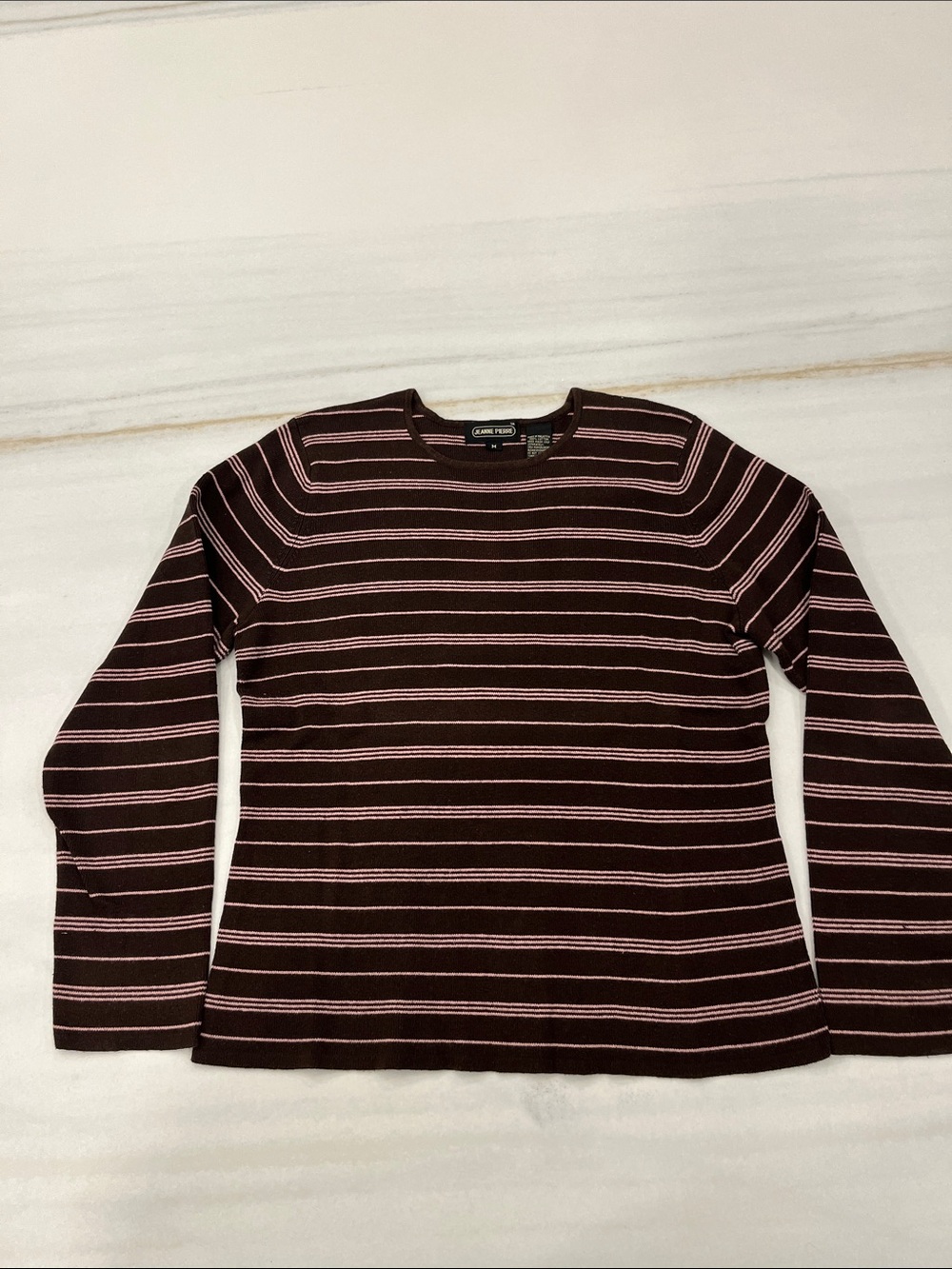 JEANNE PIERRE Brown Crewneck Sweater with Light Pink Stripes